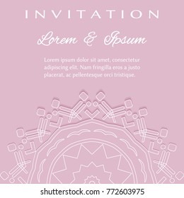 Wedding invitation template. Abstract line mandala background with place for the text. Lace card with shadow, 3D effect. Tribal ethnic arabic, indian decorative ornament element