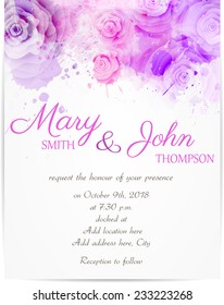 Wedding invitation template with abstract roses on watercolor background
