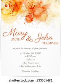 Wedding invitation template with abstract roses on watercolor background