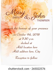 Wedding invitation template with abstract roses on watercolor background