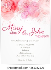 Wedding invitation template with abstract roses on watercolor background