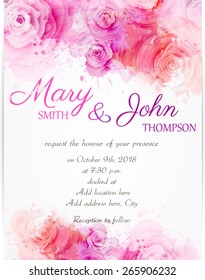 Wedding Invitation Template With Abstract Roses On Watercolor Background