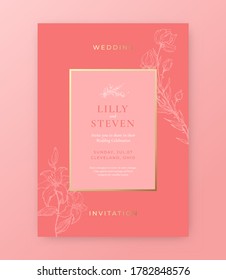 Hochzeitsvorlage. Abstrakte Vektor Grußkarte, Poster oder Feiertagshintergrund. Classy Rosa und Gold Farben und Typografie. Illustrationen zu Skizzen Blumen und Blättern. Einzeln.