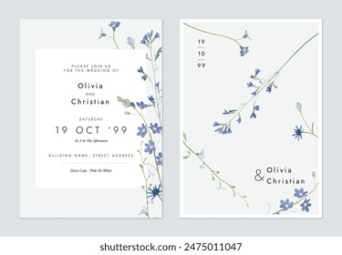 Wedding invitation template, assorted blue wildflowers on grey background