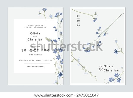 Wedding invitation template, assorted blue wildflowers on grey background