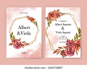 wedding invitation template with autumn flower foliage watercolor