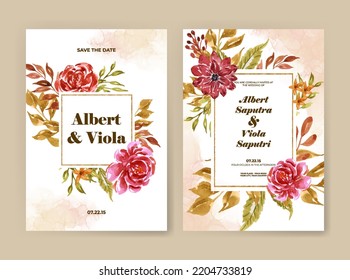 wedding invitation template with autumn flower foliage watercolor