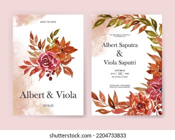 wedding invitation template with autumn flower foliage watercolor