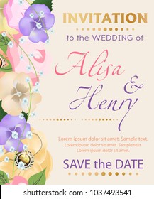 Wedding invitation template with beautiful flowers greeting card. Vector illustration.