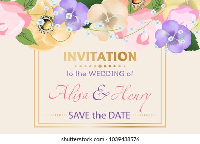 Wedding invitation template with beautiful flowers greeting card. Vector illustration.