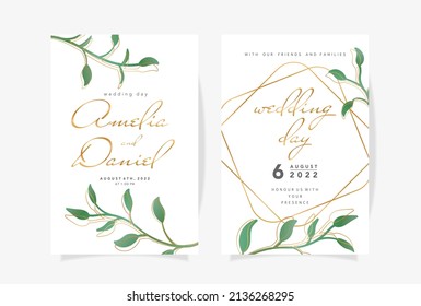 Wedding invitation template with beautiful green leaves and golden contours Vector illustration