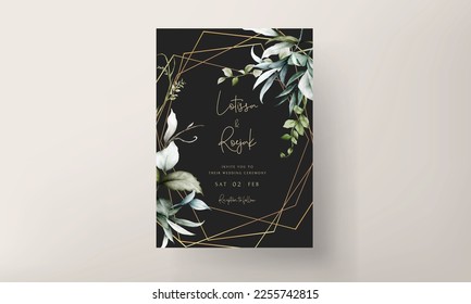 wedding invitation template with beautiful leaves watercolor