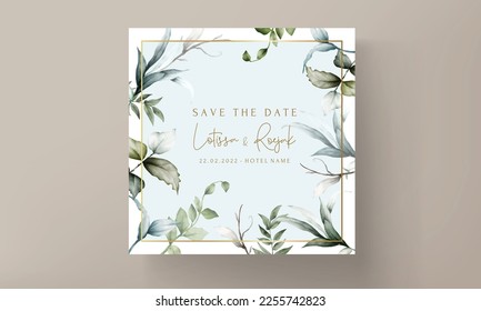 wedding invitation template with beautiful leaves watercolor