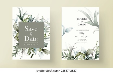 wedding invitation template with beautiful leaves watercolor