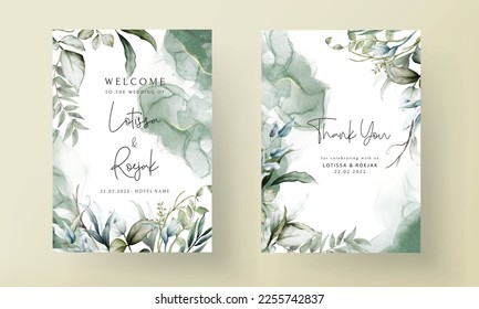 plantilla de invitación de boda con hermosas hojas acuarela