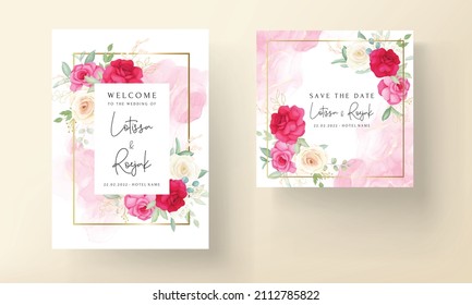 wedding invitation template with beautiful romantic roses set