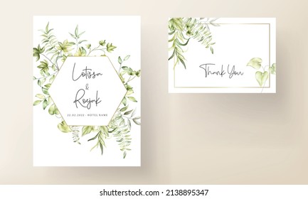 Wedding invitation template with beautiful watercolor leaves