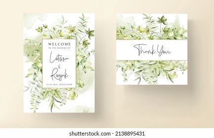 Wedding invitation template with beautiful watercolor leaves