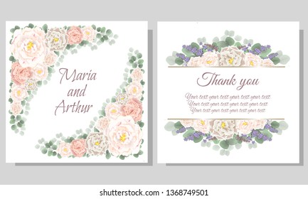 Wedding invitation template. Beige roses, delicate flowers, lavender, green plants. All elements are isolated. Holiday card template.