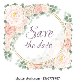 Wedding invitation template. Beige roses, delicate flowers, green plants. All elements are isolated. Holiday card template.