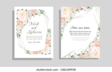 Wedding invitation template. Beige roses, delicate flowers, green plants. All elements are isolated. Holiday card template.