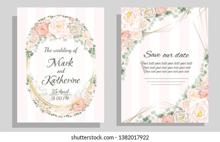 Wedding invitation template. Beige roses, delicate flowers, green plants. All elements are isolated. Holiday card template.