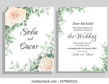 Wedding invitation template. Beige roses, eucalyptus plants with green leaves. All elements are isolated.