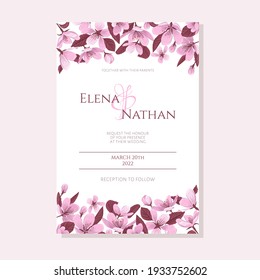 Wedding invitation template with blooming cherry flowers. Spring cherry blossom wedding invitation vector.