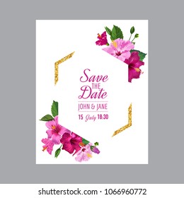 Wedding Invitation Template with Blooming Hibiscus Flowers and Golden Frame. Save the Date Floral Card for Greetings, Anniversary, Birthday. Vector illustration