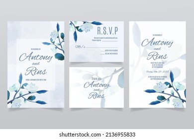 Plantilla de invitación a la boda con flores de cerezo azules