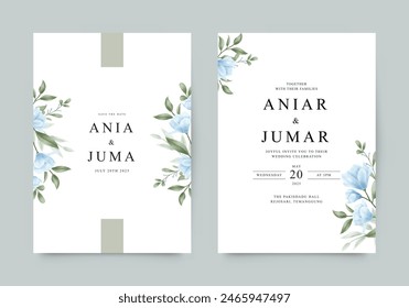 Wedding invitation template with blue flowers and green leaves