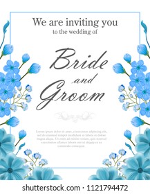 Wedding invitation template with blue frame and forget me nots. Text can be used for invitation cards, postcards, save the date design