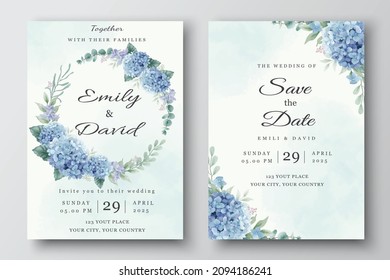 Wedding invitation template with blue hydrangea flowers and eucalyptus leaves in watercolor style