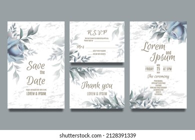 Wedding invitation template with blue roses and leaves