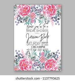 Wedding invitation template blush pink pale roses peony ranunculus eucaliptus flower greenery leaves Floral bouquet decoration. Vector illustration. Bridal shower invitation baby shower 