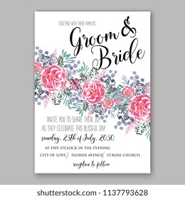 Wedding invitation template blush pink pale roses peony ranunculus eucaliptus flower greenery leaves Floral bouquet decoration. Vector illustration. Bridal shower invitation baby shower 