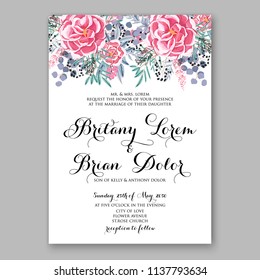 Wedding invitation template blush pink pale roses peony ranunculus eucaliptus flower greenery leaves Floral bouquet decoration. Vector illustration. Bridal shower invitation baby shower 