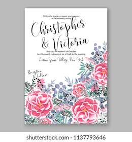 Wedding invitation template blush pink pale roses peony ranunculus eucaliptus flower greenery leaves Floral bouquet decoration. Vector illustration. Bridal shower invitation baby shower 