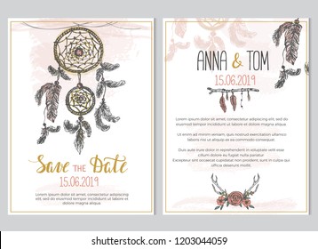 Wedding invitation template in boho style with dream catcher and feathers decor