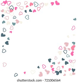 Wedding invitation template border. Vector flying hearts border confetti with place for text. Valentine banner card pink grey frame. Romantic border with hearts confetti flying for invitation card.