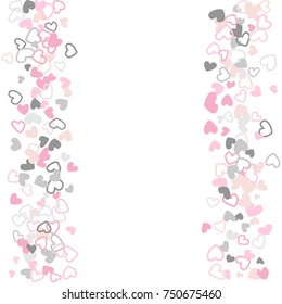 Wedding invitation template border. Vector flying hearts border confetti with place for text. Valentine banner card pink grey frame. Romantic border with hearts confetti flying for invitation card.