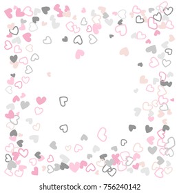 Wedding invitation template border. Vector flying hearts border confetti with place for text. Valentine banner card pink grey frame. Romantic border with hearts confetti flying for invitation card.