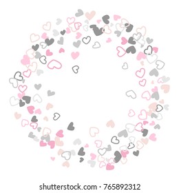 Wedding invitation template border. Vector flying hearts border confetti with place for text. Valentine banner card pink grey frame. Romantic border with hearts confetti flying for invitation card.