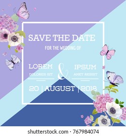 Wedding Invitation Template. Botanical Card with Butterflies and Hydrangea Flowers. Greeting Floral Postcard. Vector illustration