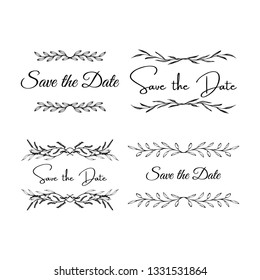 Wedding invitation template. Botanical frame with green leaves, branches and herbs. Vector illustration isolated on white background