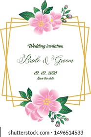 Wedding invitation template bride and groom, with decoration of pink flower frame in retro style. Vector