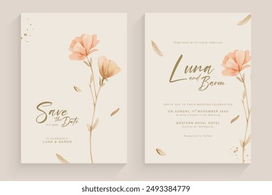 Wedding Invitation Template with Brown Flower Watercolor