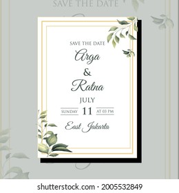 wedding invitation template card set with greenery watercolor leave and branch