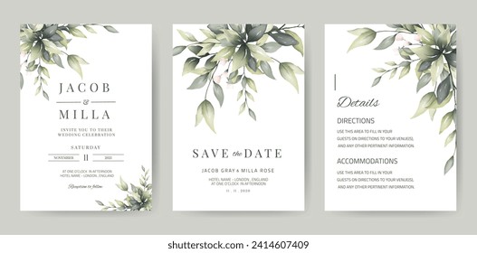 Wedding invitation template card set with greenery watercolor leave and branch