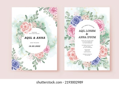 Wedding Invitation Template Cards Set with pink and blue Flowers 